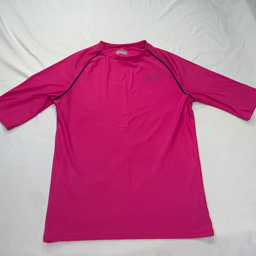 Under Armour Mens 2XL HeatGear Compression Shirt Pink Short Sleeve Gym Top